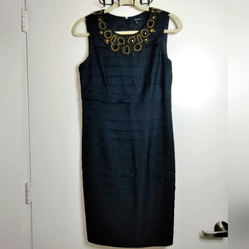 Carlisle (Size 4) Black Multi Layer Bejeweled Neckline Sleeveless Sheath Dress